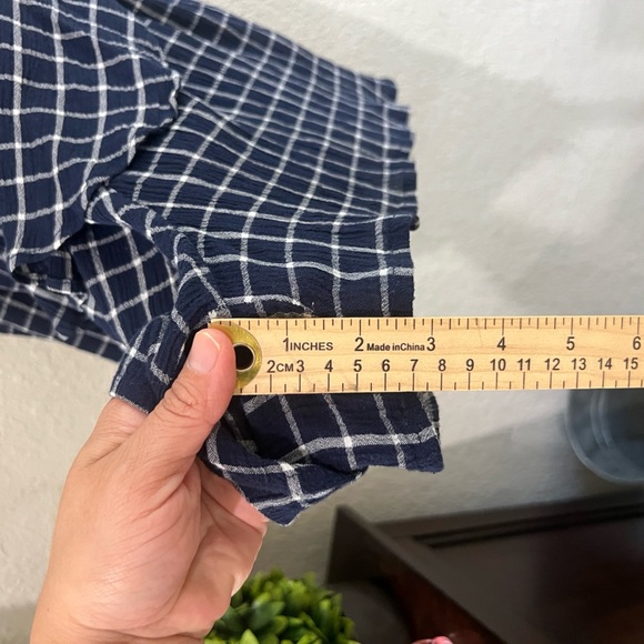 BP. Nordstrom Glen Plaid Wrap Short Sleeve Shorts Romper. Size Med blue & white - Picture 14 of 14